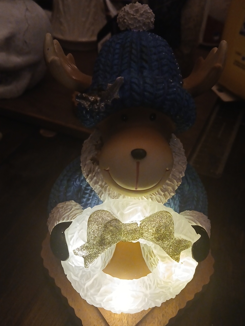 Festive Reindeer LED Figurine with Blue Knit Hat - Unbranded